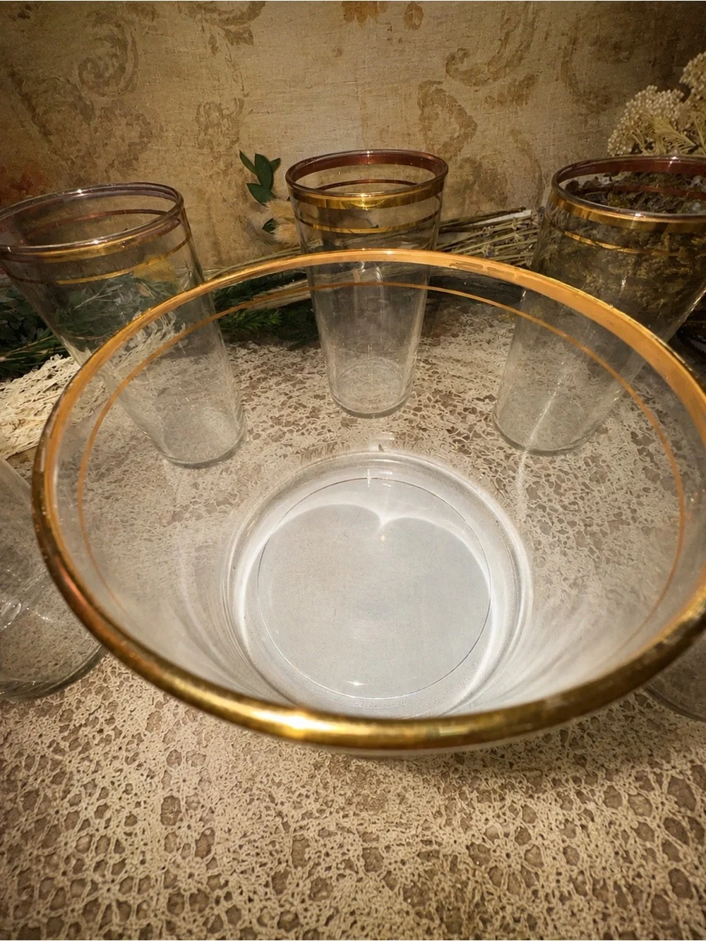Vintage Gold Rim Glass Ice Bucket with 5 Matching Tumblers Barware Cocktail Set